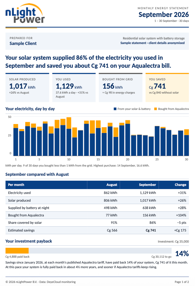 Example of an nSolarCARE monthly performance report